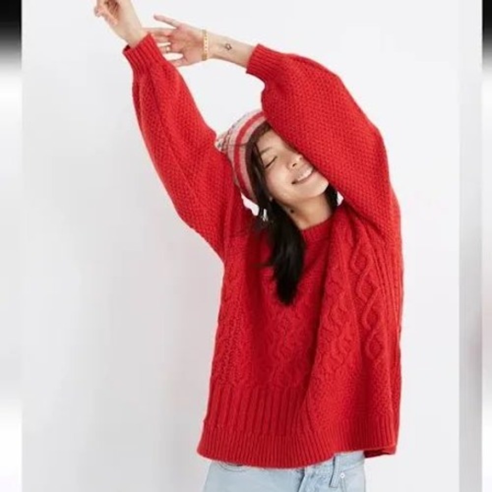 Madewell Red Cable Knit Merino Wool Alpaca Blend Sweater M Raglan Pullover